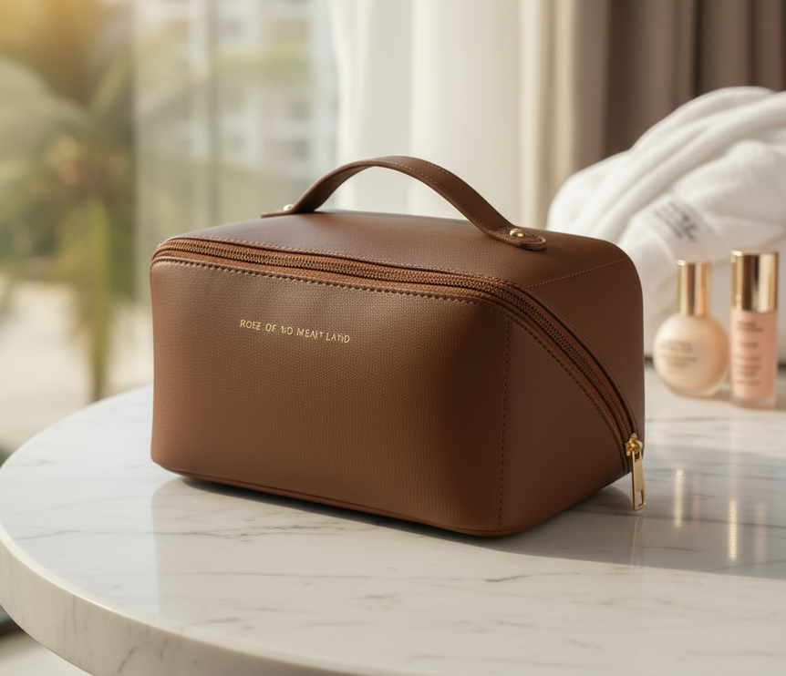 Premium Beauty Travel Case - Stylish Brown Cosmetic Organizer with Dividers & Portable Handle